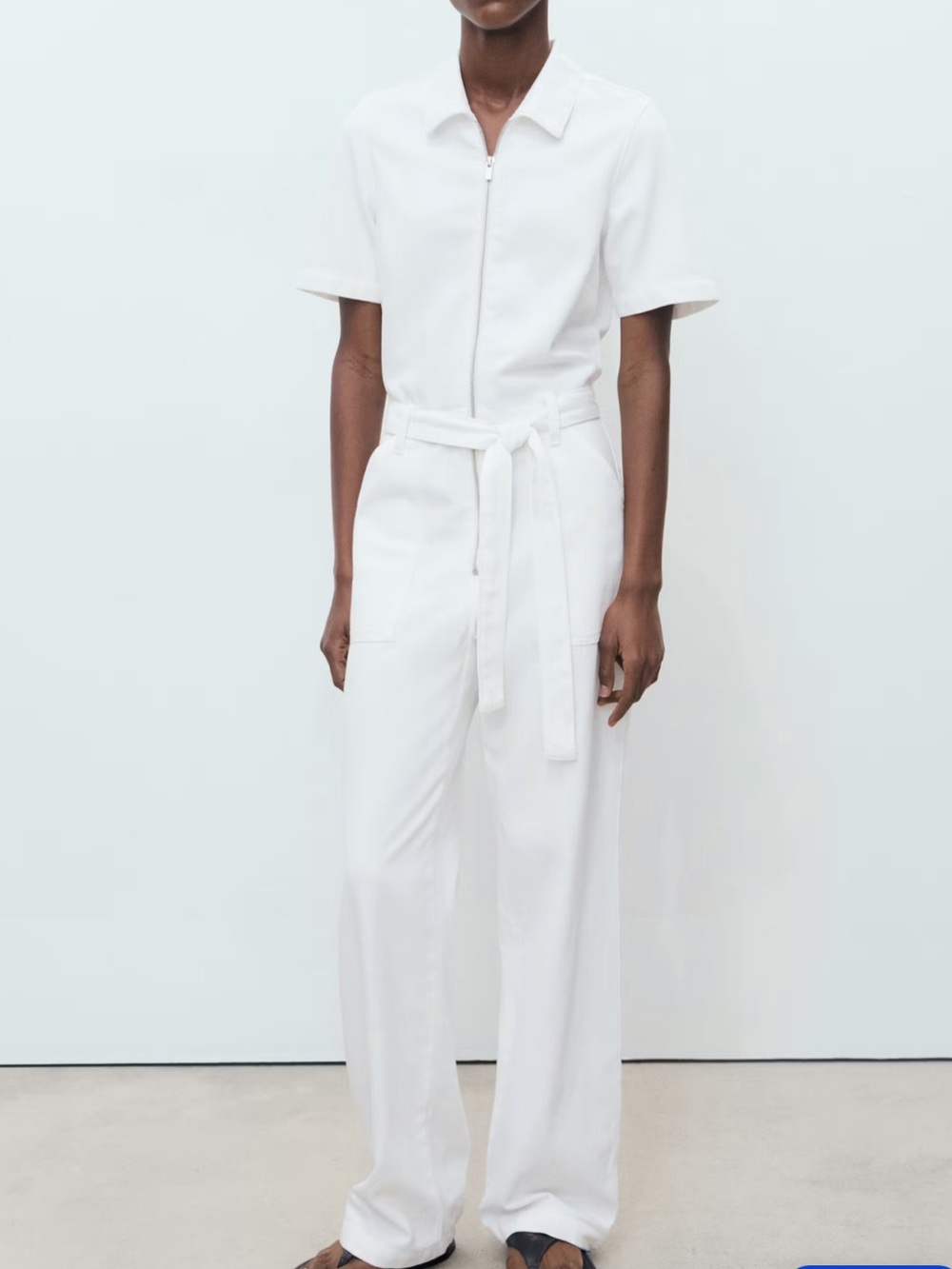 Mango White Short-Sleeve Tie-Waist Linen-Blend Jumpsuit